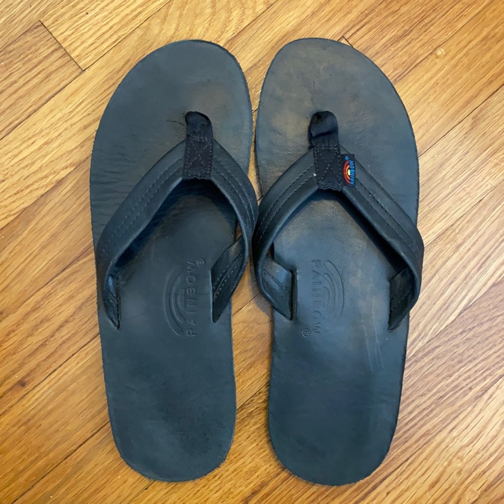 Mens black rainbow flip flops